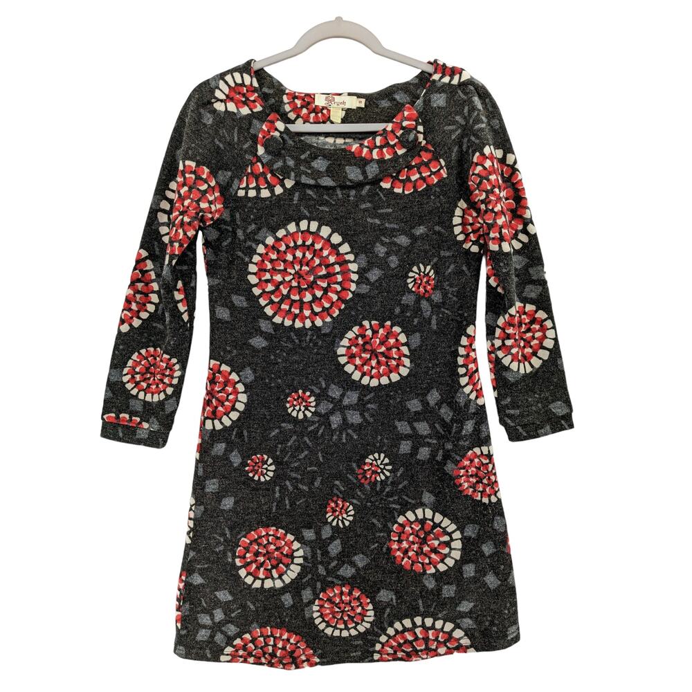 Aryeh by Anthropologie Floral Starburst Dress Small Red Gray Retro Mod 60s Mini